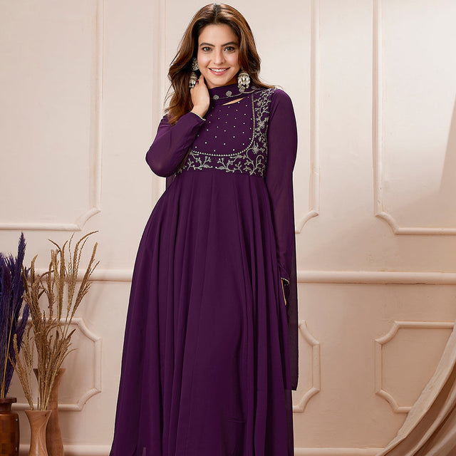Purple Georgette Embroidered Anarkali Palazzo Set