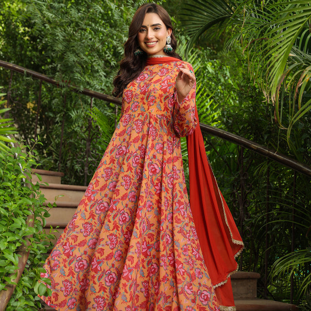 Mustard Georgette Floral Printed Anarkali Kurta Set