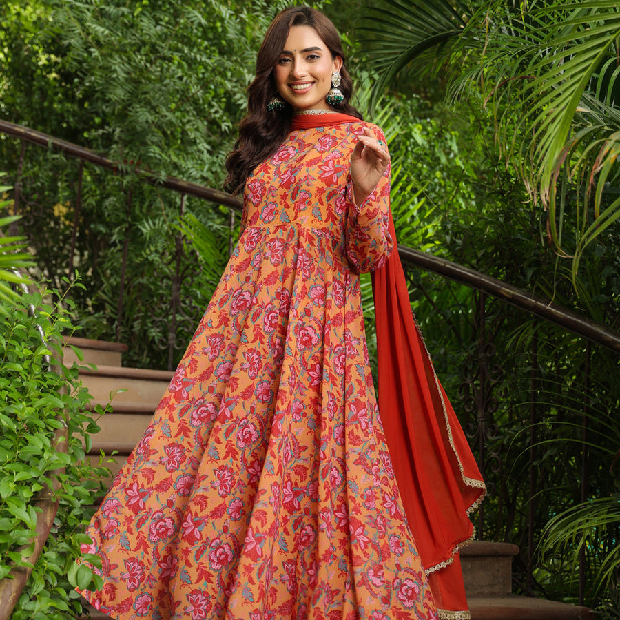 Mustard Georgette Floral Printed Anarkali Kurta Set