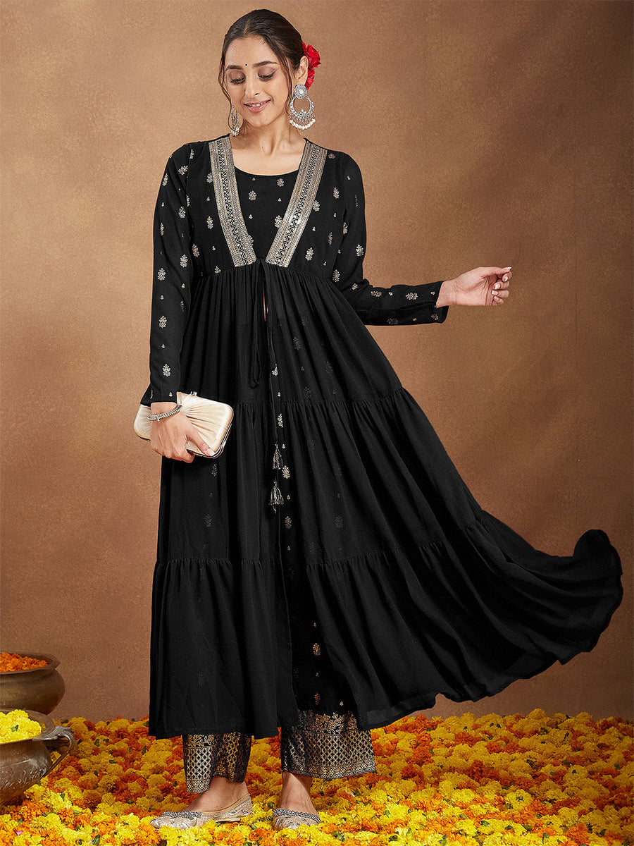 Women's Black Georgette Foil Print Long Sleeves Kurta Set