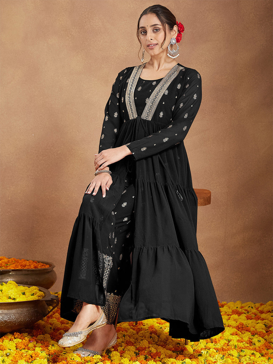 Women's Black Georgette Foil Print Long Sleeves Kurta Set