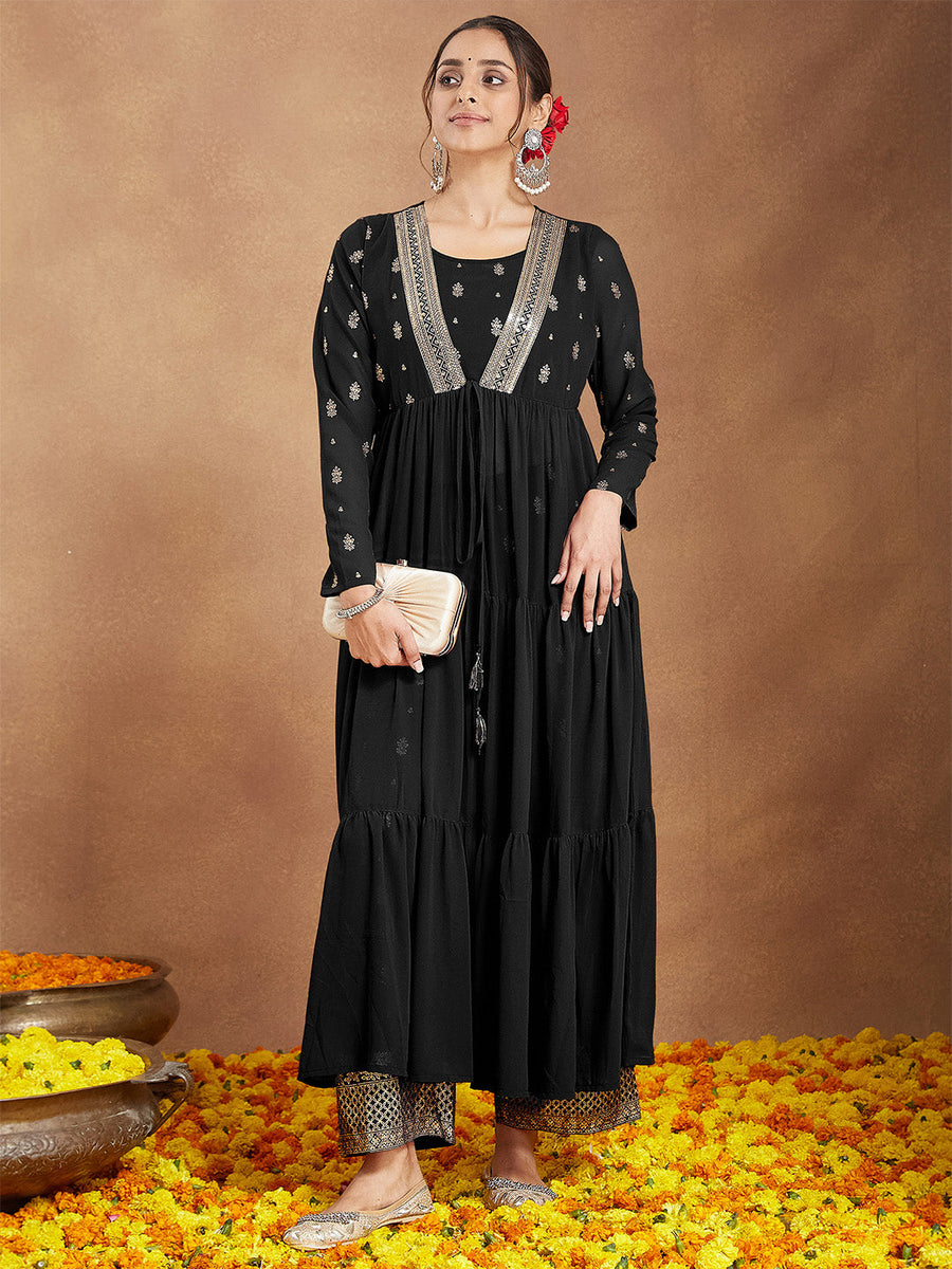 Women's Black Georgette Foil Print Long Sleeves Kurta Set