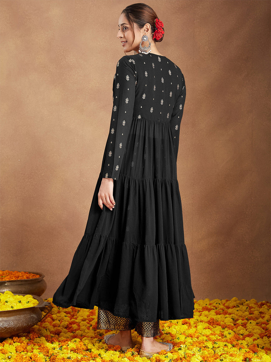 Women's Black Georgette Foil Print Long Sleeves Kurta Set