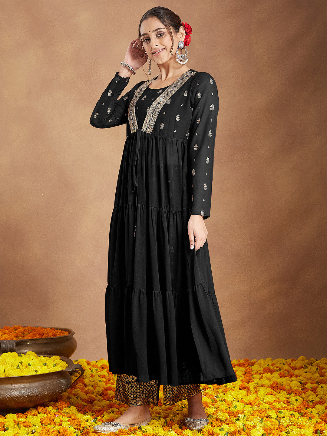 Women's Black Georgette Foil Print Long Sleeves Kurta Set