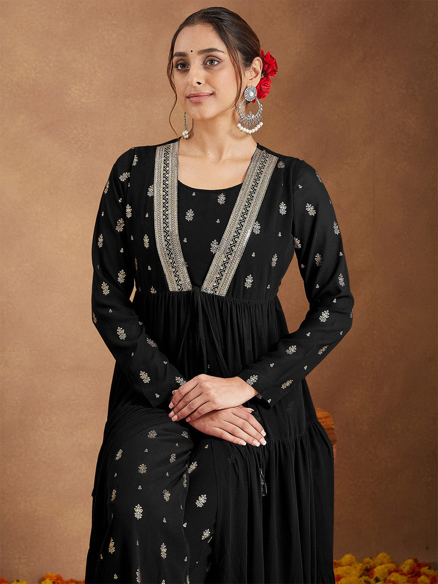 Women's Black Georgette Foil Print Long Sleeves Kurta Set