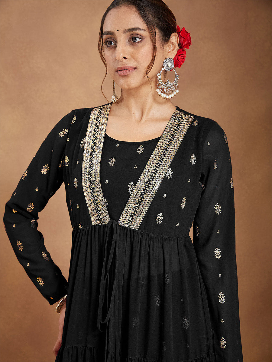 Women's Black Georgette Foil Print Long Sleeves Kurta Set
