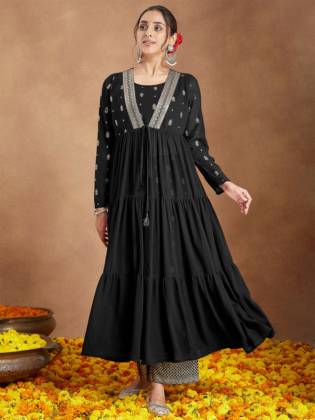 Women's Black Georgette Foil Print Long Sleeves Kurta Set