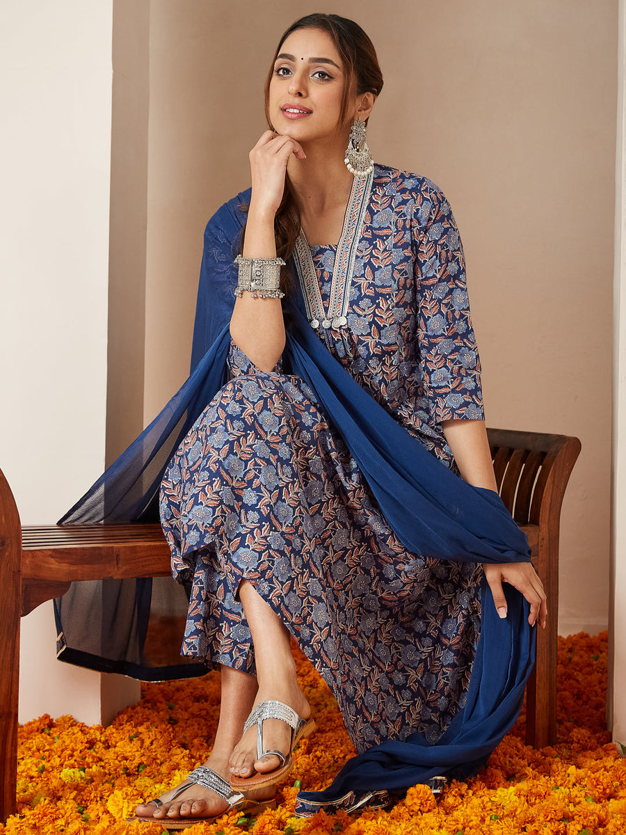 Blue Cambric A-Line Floral Printed 3-Piece Kurta Set