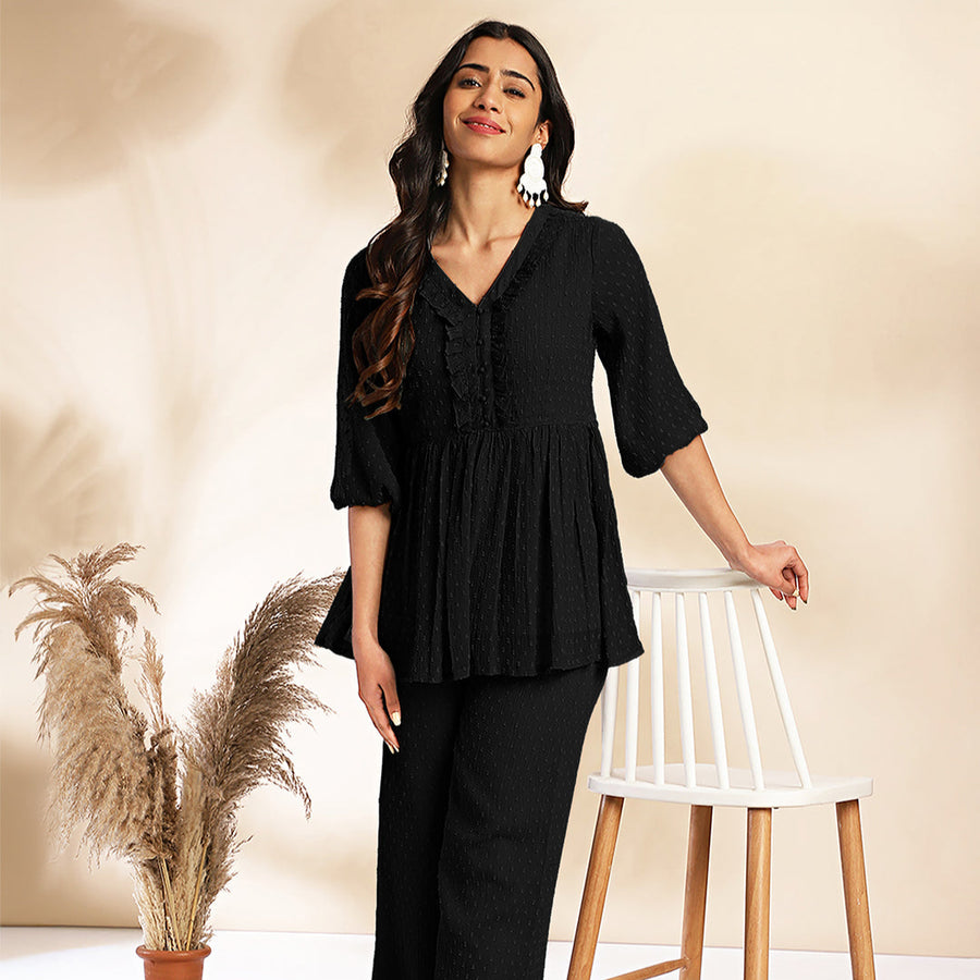Black Dobby Chiffon Woven Design Peplum Co-Ord Set