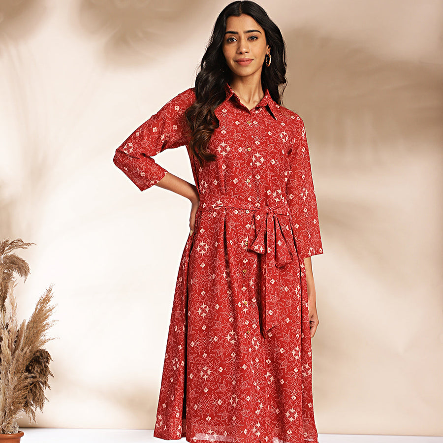 Maroon Georgette Printed Shirt Style Dress