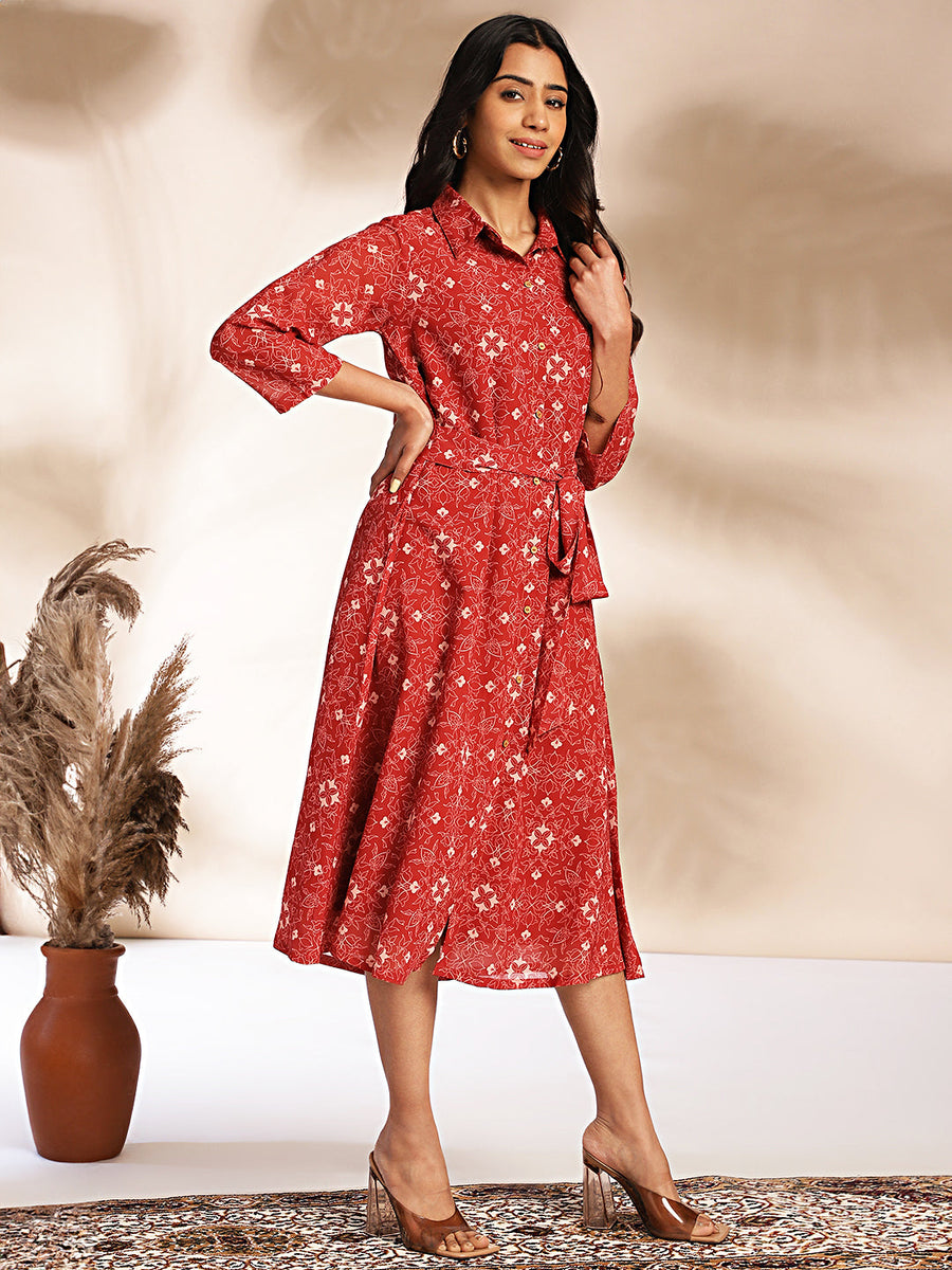 Maroon Georgette Printed Shirt Style Dress