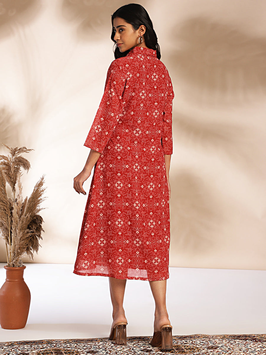Maroon Georgette Printed Shirt Style Dress