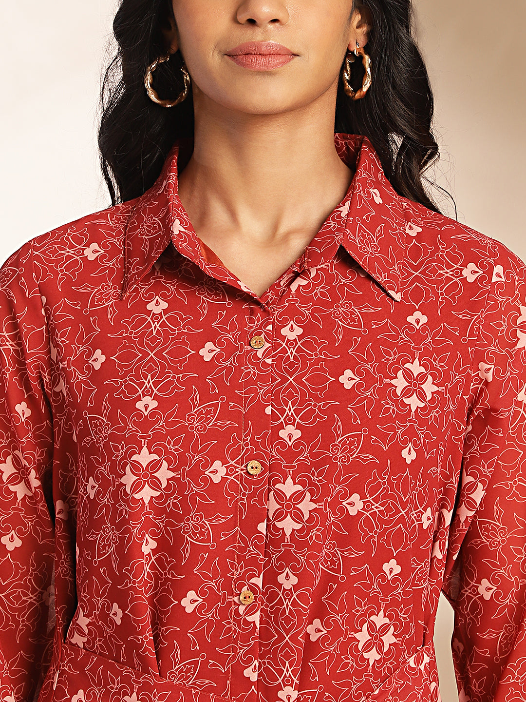 Maroon Georgette Printed Shirt Style Dress
