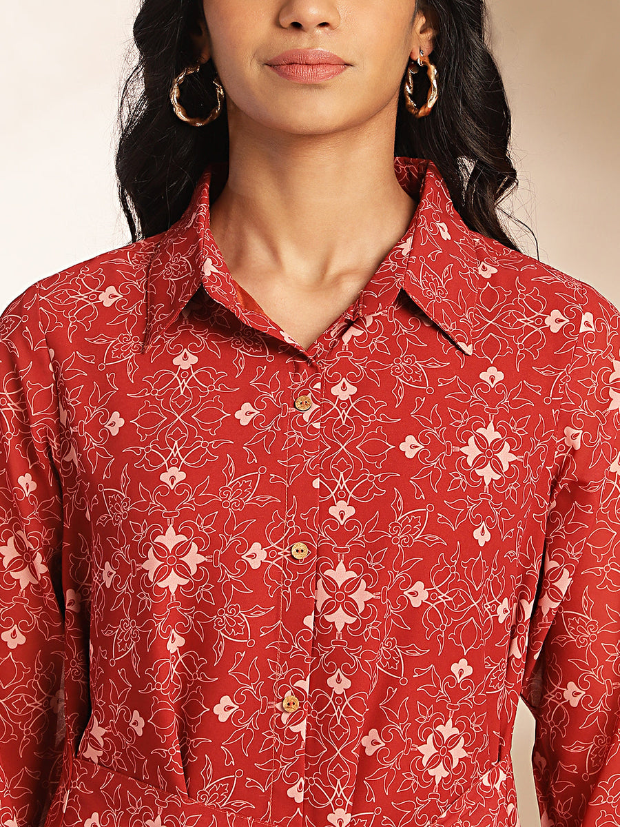 Maroon Georgette Printed Shirt Style Dress