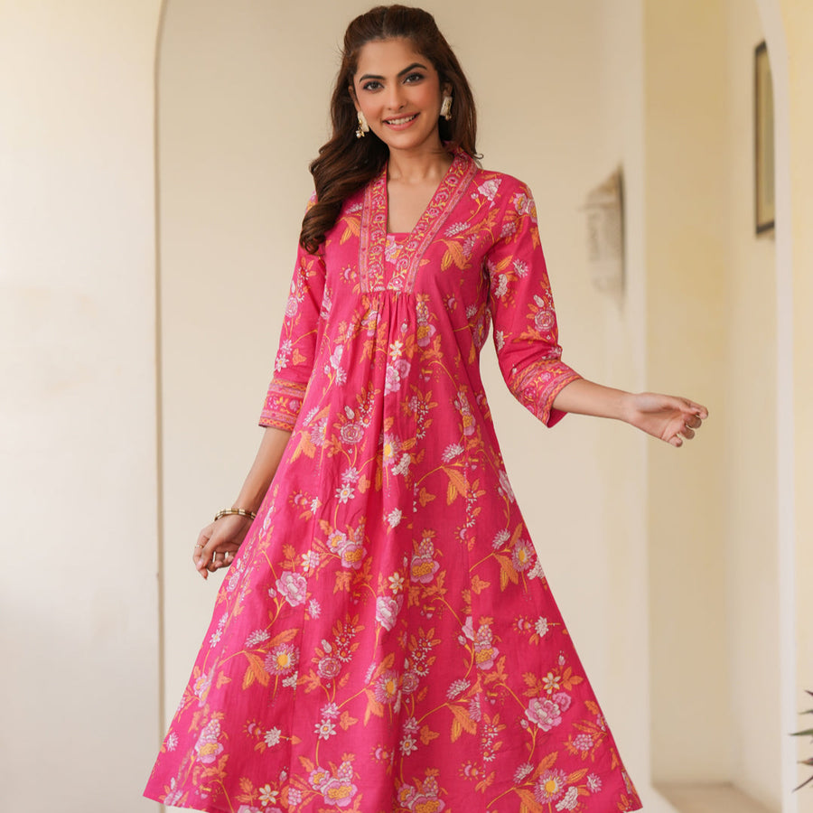 Pink Pure Cotton Floral Printed A-line Kurta Pant Set