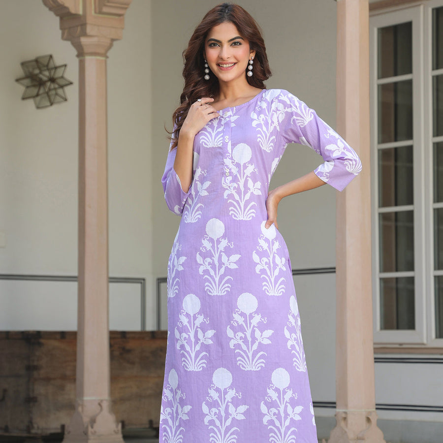Lavender Pure Cotton Floral Printed Straight Kurta Pant Set