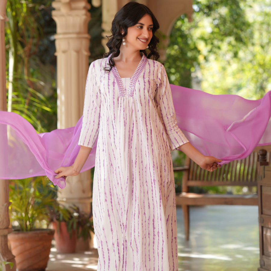 White Pure Cotton Tie & Dye A-Line Kurta Set