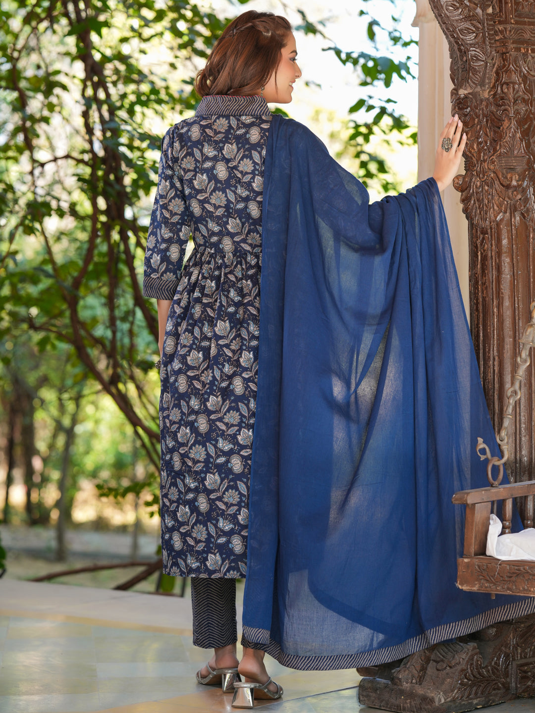 Navy Blue Pure Cotton Floral Printed A-line Kurta Pant With Dupatta Set