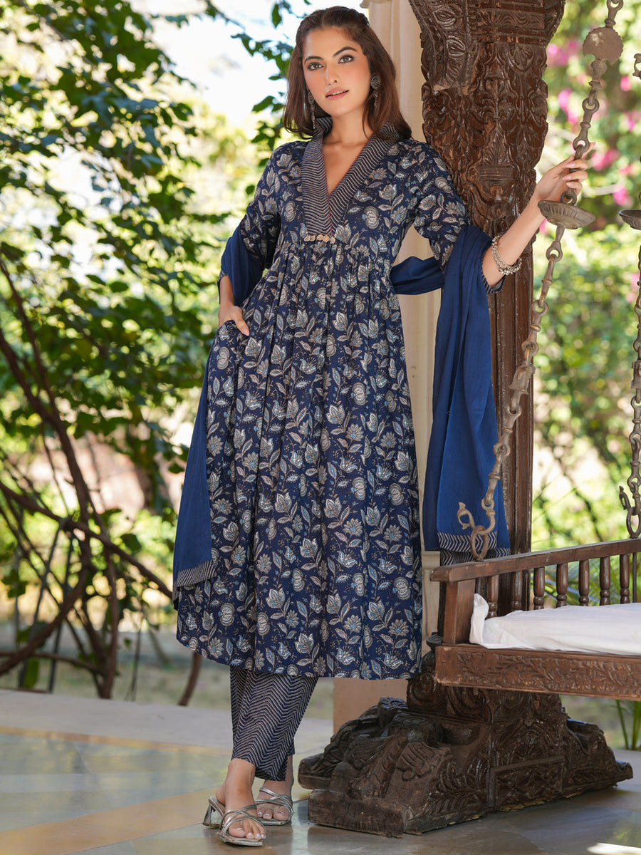 Navy Blue Pure Cotton Floral Printed A-line Kurta Pant With Dupatta Set