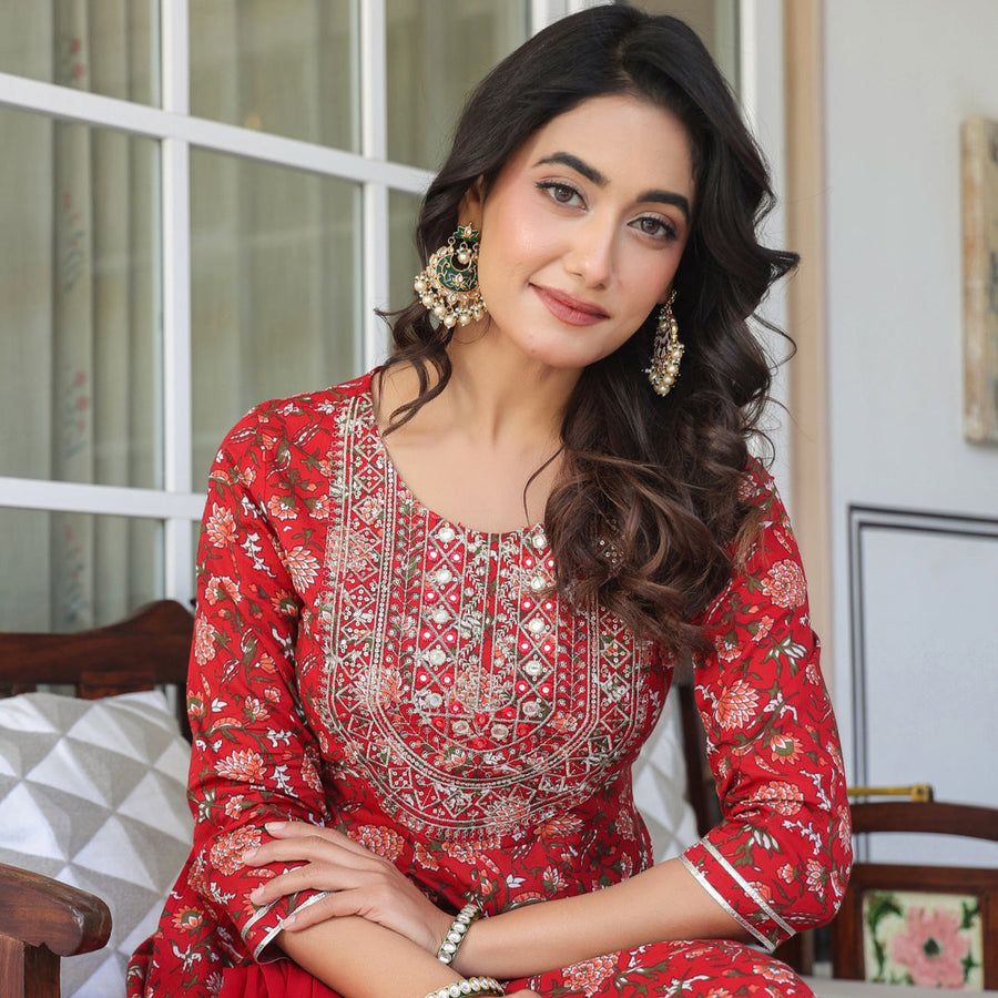 Red Pure Cotton Floral Printed Yoke Embroidered A-line Kurta Set