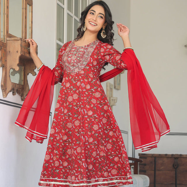Red Pure Cotton Floral Printed Yoke Embroidered A-line Kurta Set