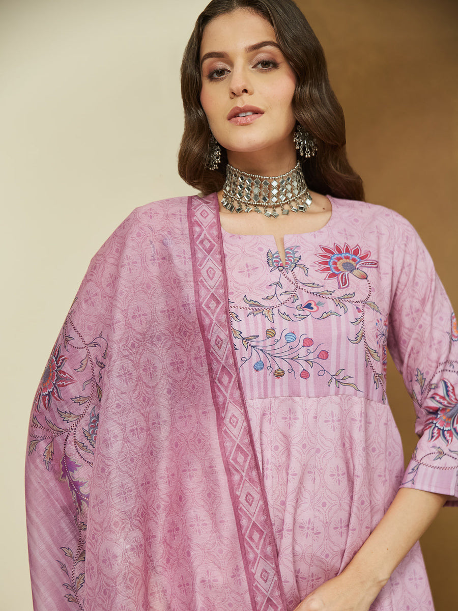 Lavender Magic Slub Printed 3-Piece Anarkali Set