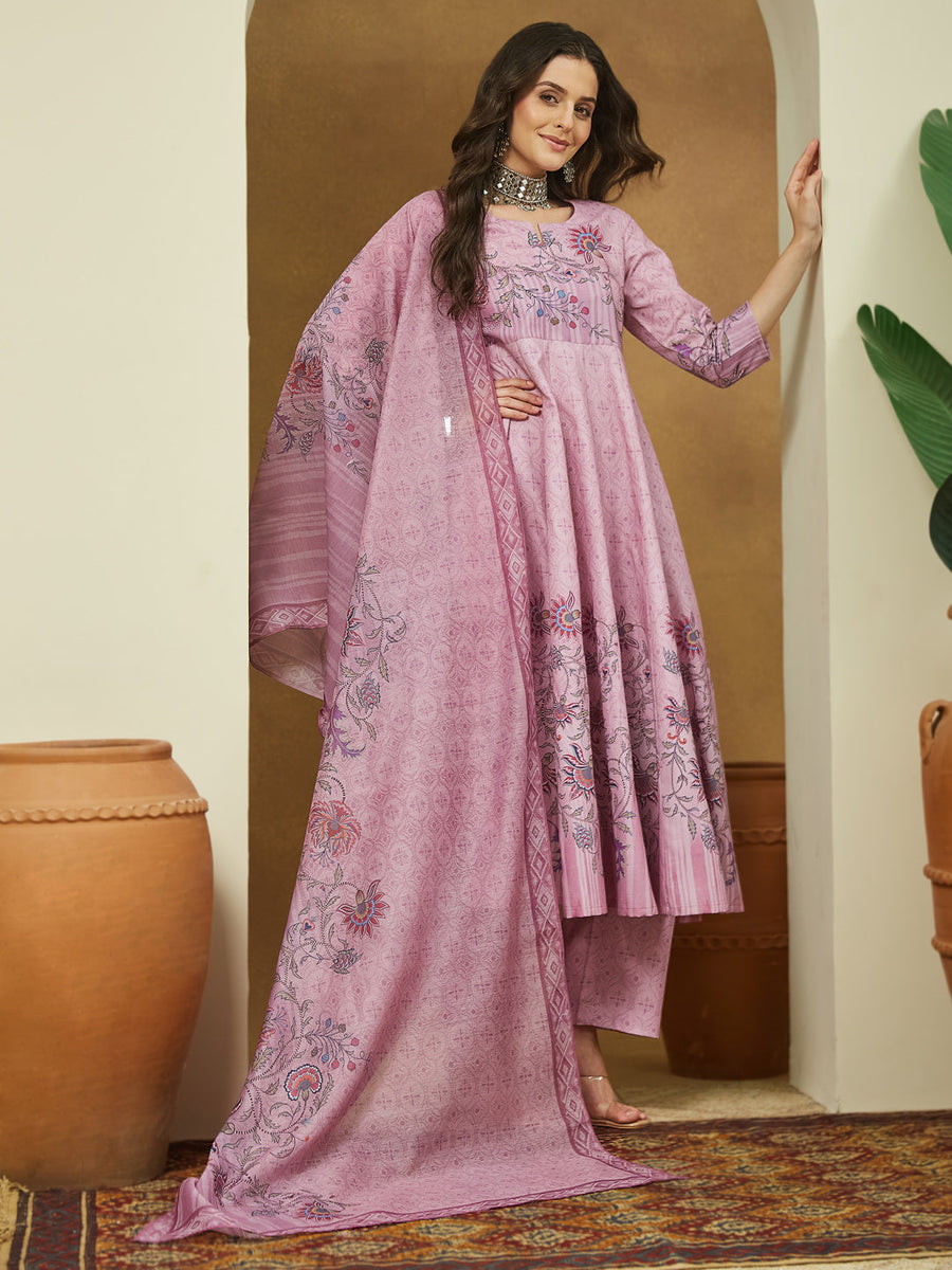 Lavender Magic Slub Printed 3-Piece Anarkali Set