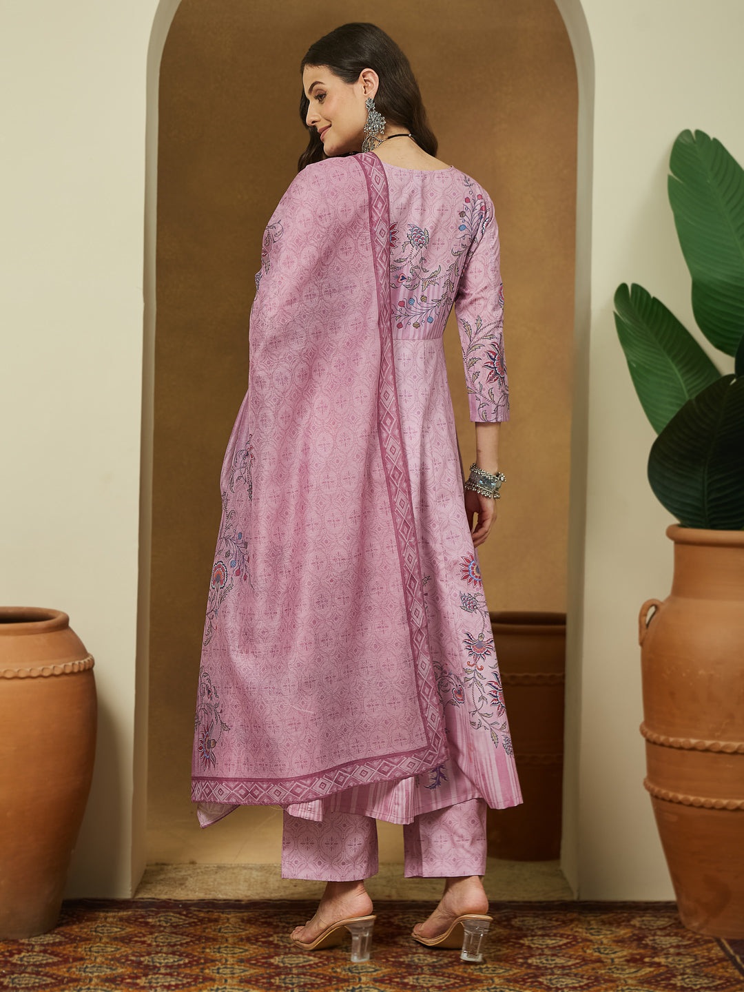 Lavender Magic Slub Printed 3-Piece Anarkali Set