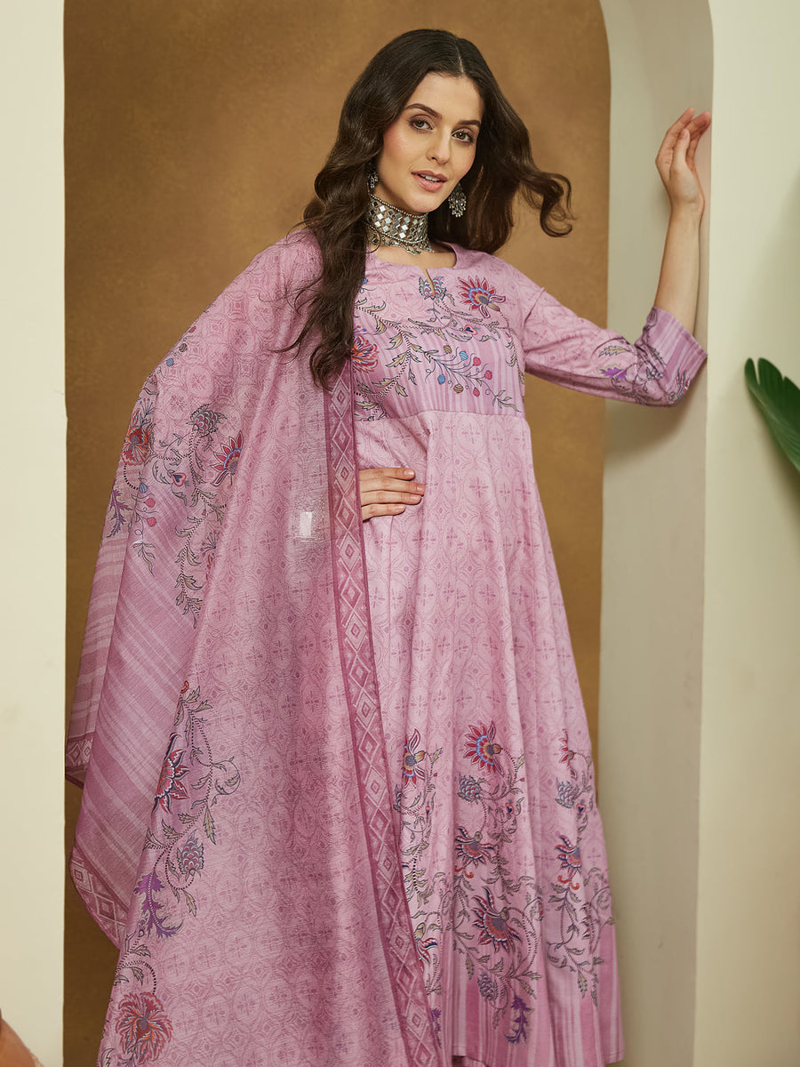 Lavender Magic Slub Printed 3-Piece Anarkali Set