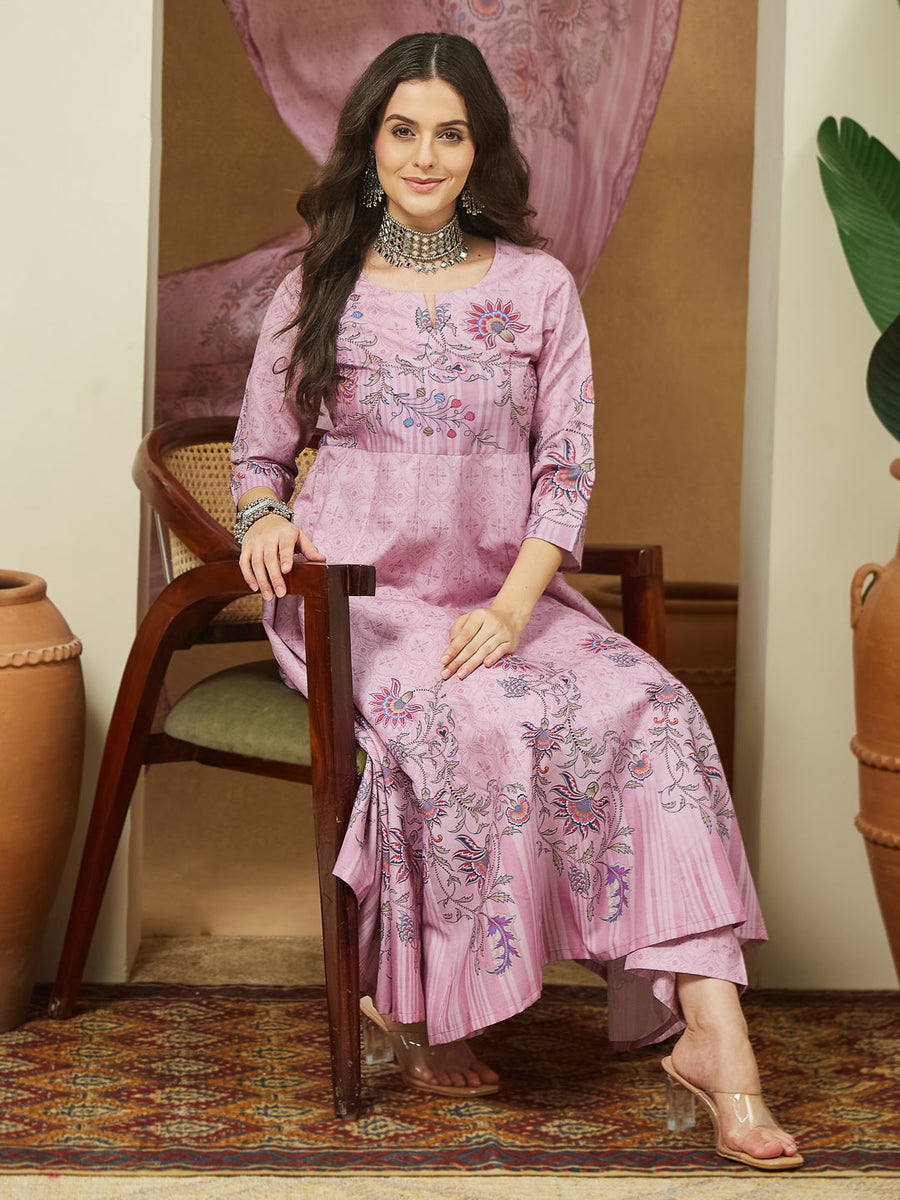 Lavender Magic Slub Printed 3-Piece Anarkali Set