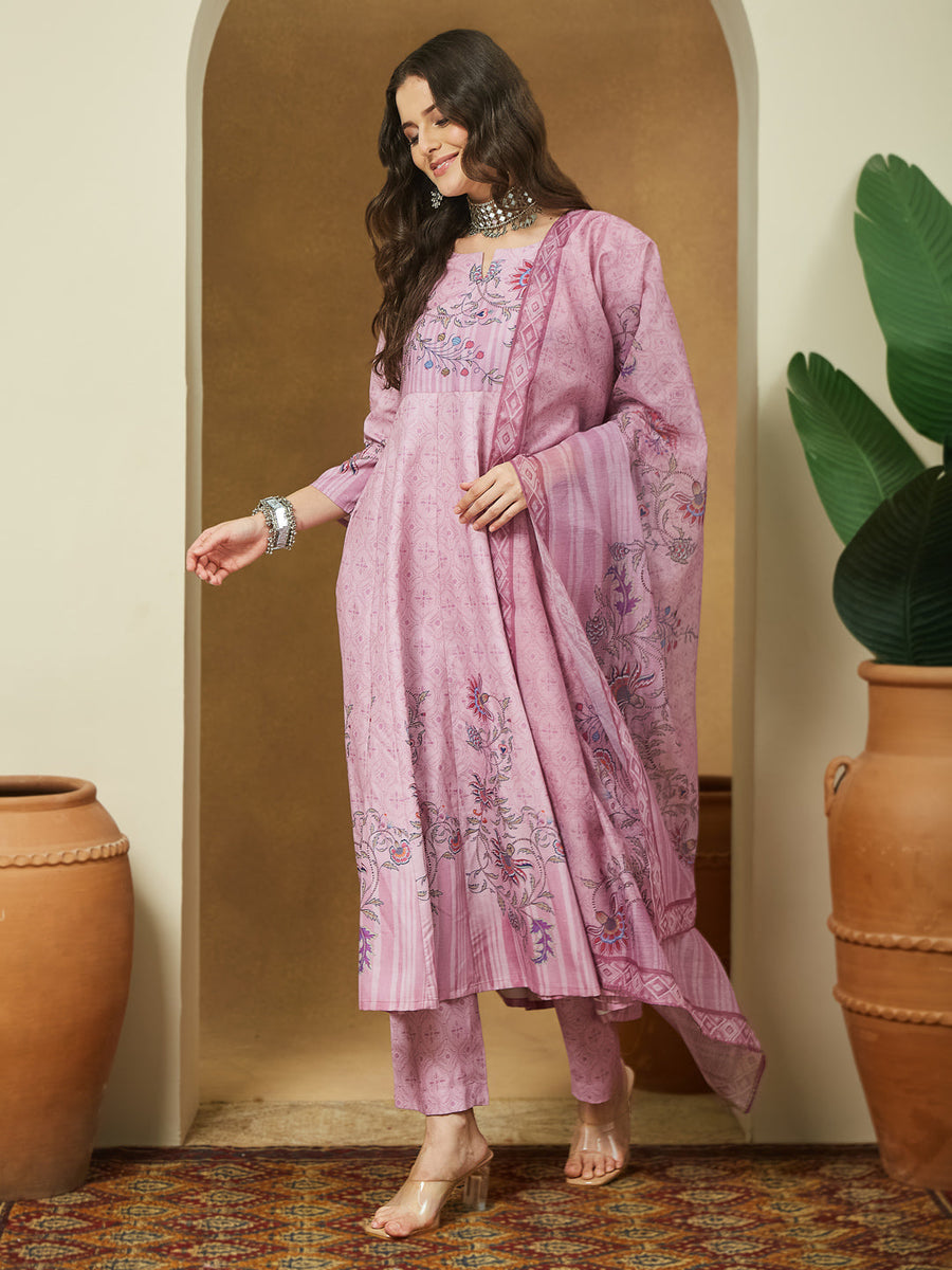 Lavender Magic Slub Printed 3-Piece Anarkali Set