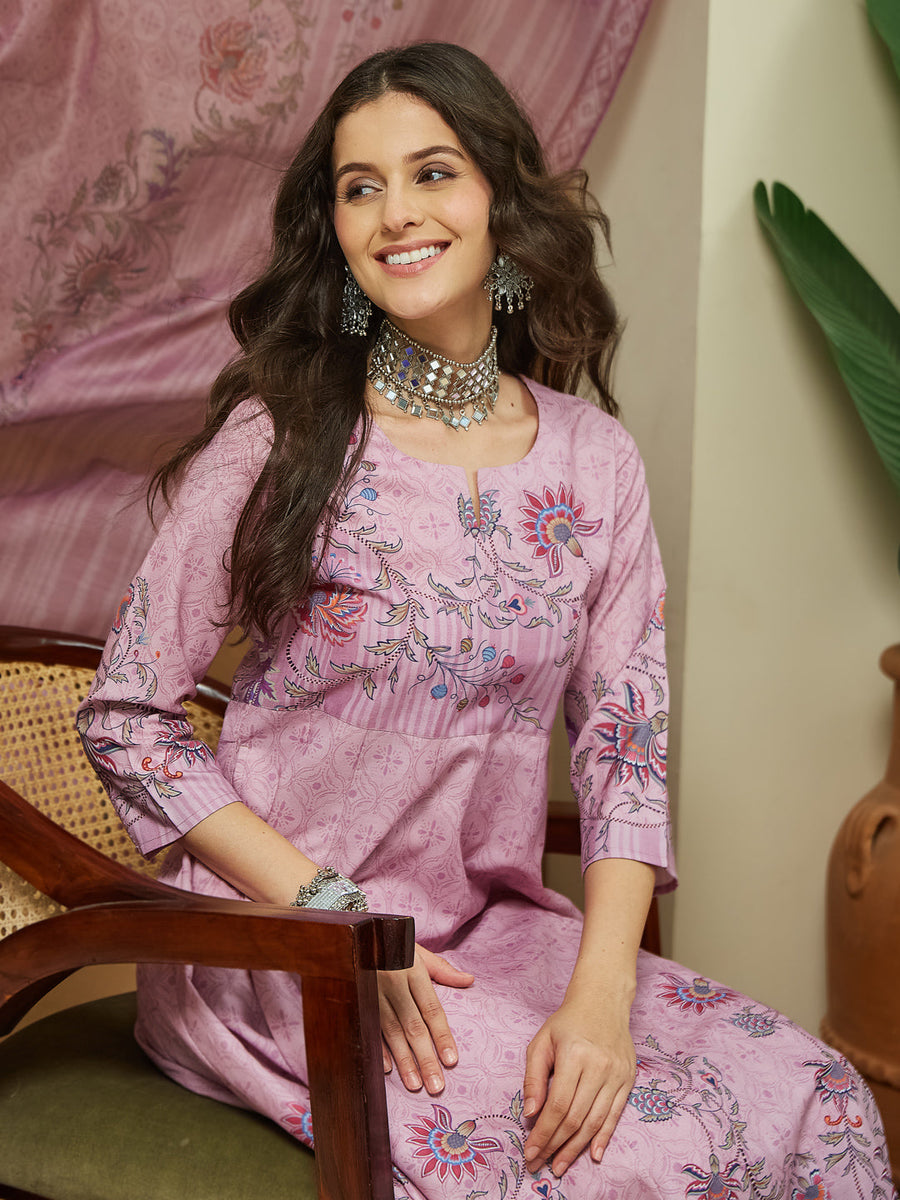 Lavender Magic Slub Printed 3-Piece Anarkali Set