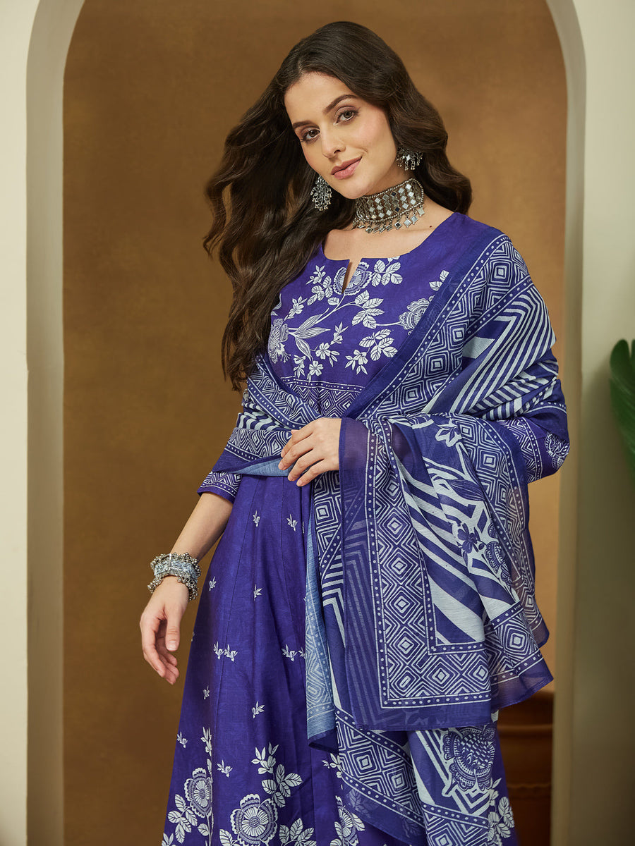 Women's Purple Cotton Blend Floral Printed Anarkali Kurta Set