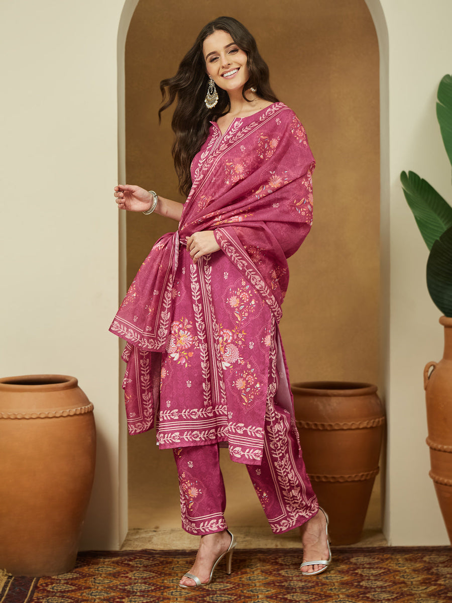 Women's Pink Cotton Blend Floral Printed Straight Kurta Set