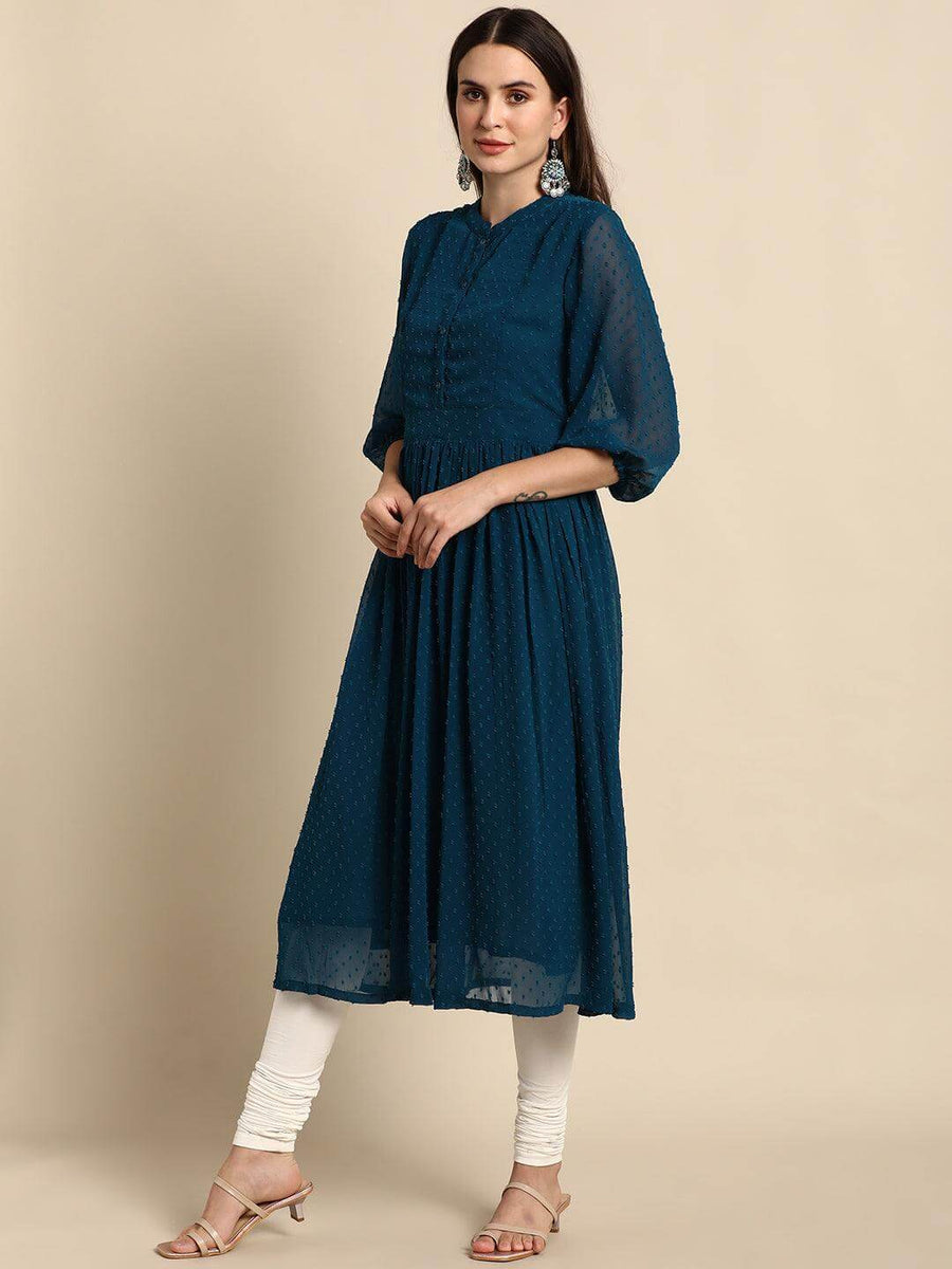 Teal Poly Chiffon Self Design Flared Kurta