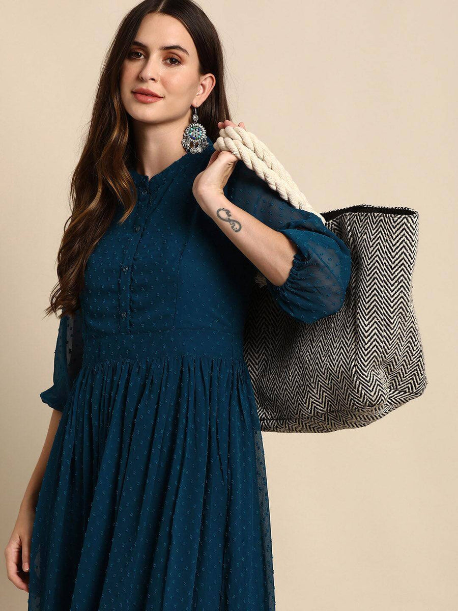 Teal Poly Chiffon Self Design Flared Kurta