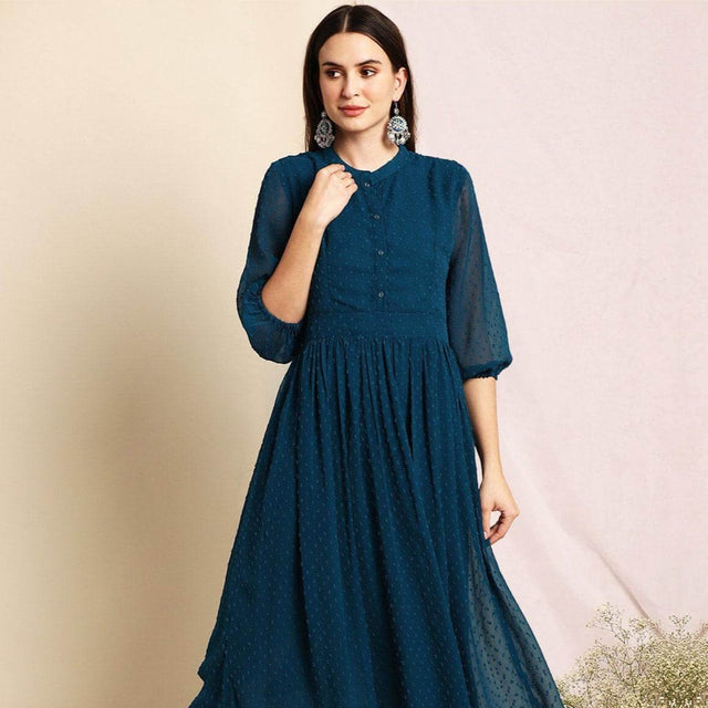 Teal Poly Chiffon Self Design Flared Kurta