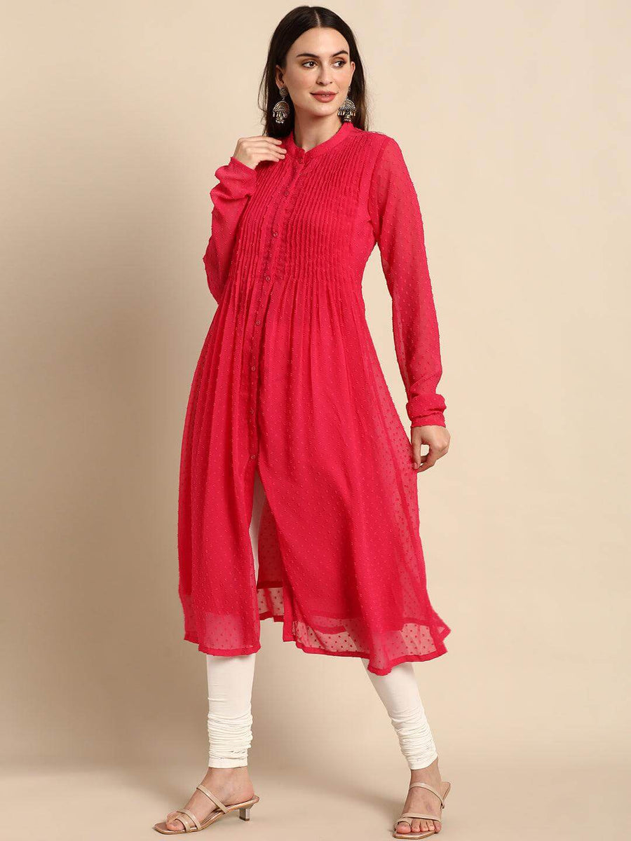 Pink Poly Chiffon Self Design Frontslit Kurta