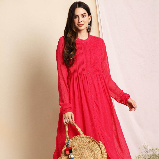 Pink Poly Chiffon Self Design Frontslit Kurta