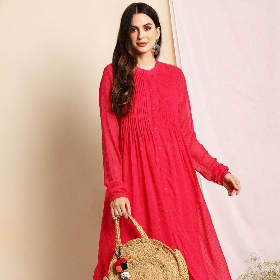 Pink Poly Chiffon Self Design Frontslit Kurta