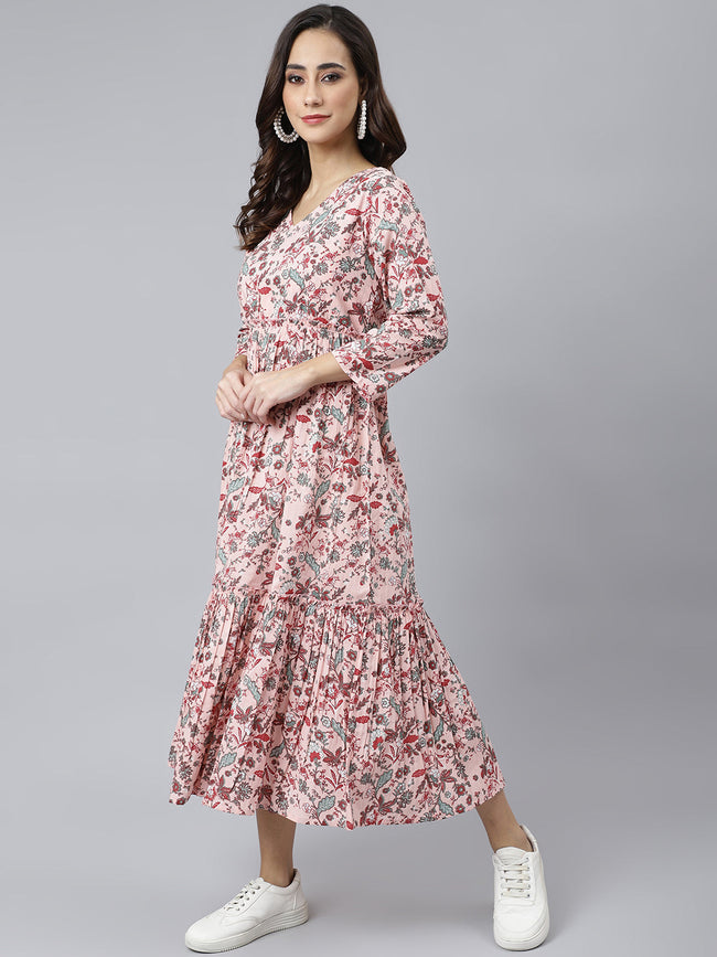Peach Cotton Floral Block Print Flared Kurta