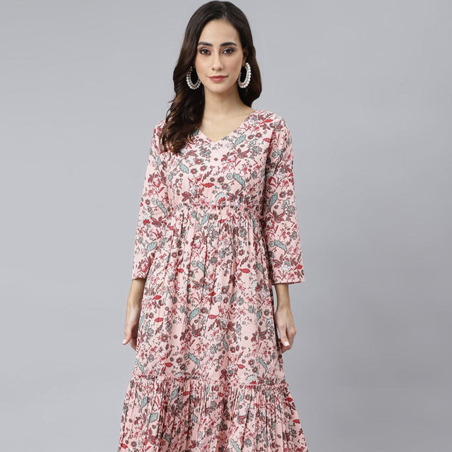Peach Cotton Floral Block Print Flared Kurta
