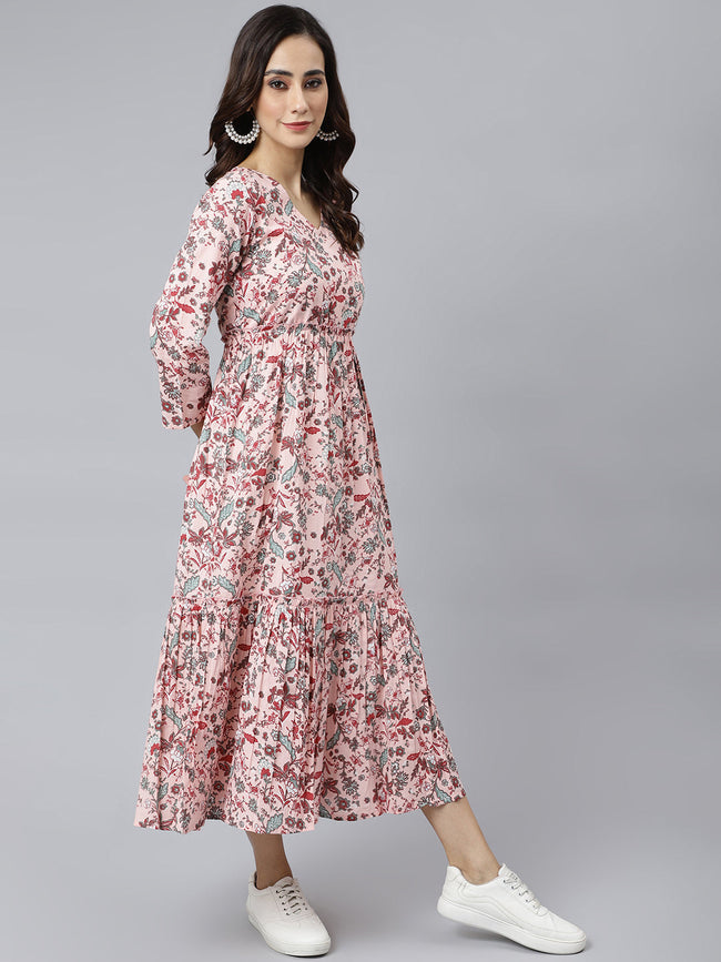Peach Cotton Floral Block Print Flared Kurta