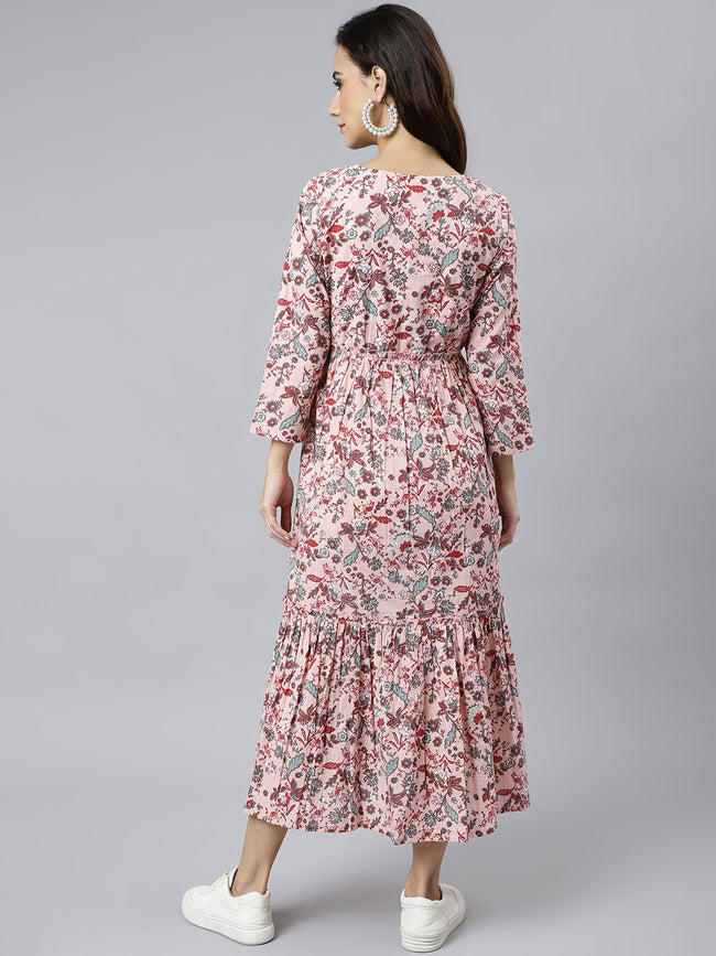 Peach Cotton Floral Block Print Flared Kurta