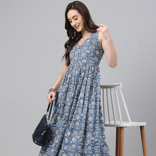 Blue Cotton Floral Print Flared Kurta