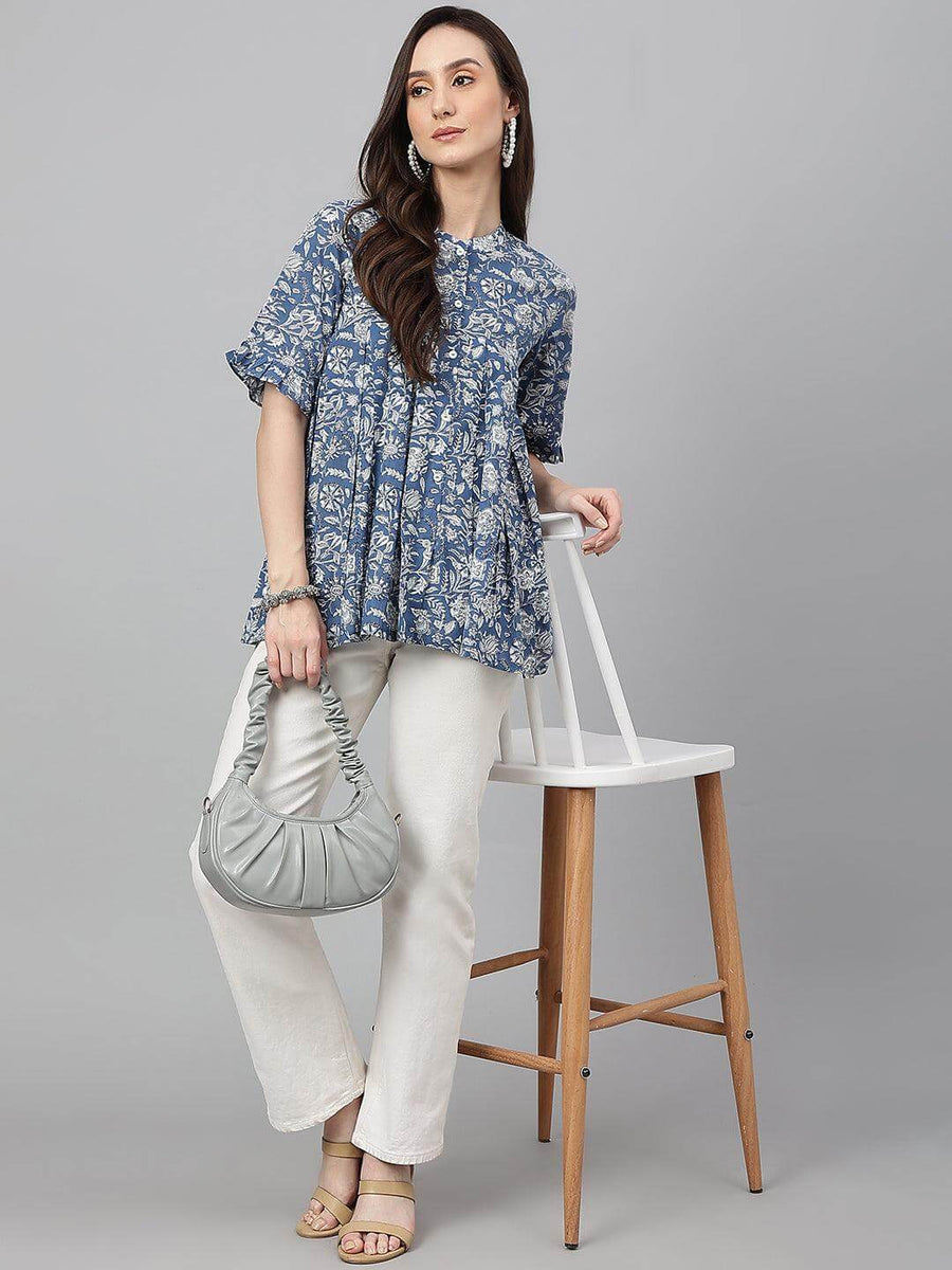 Ink Blue Cotton Floral Print Flared Top