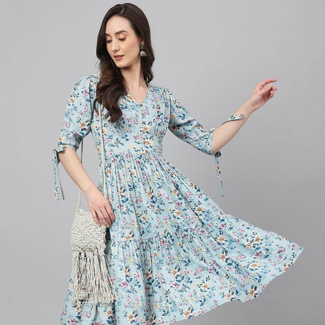 Blue Crepe Digital Print Flared Western Dress