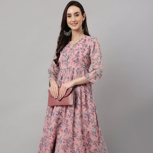 Women's Pink Chiffon Lurex Floral Printed Flared Kurta