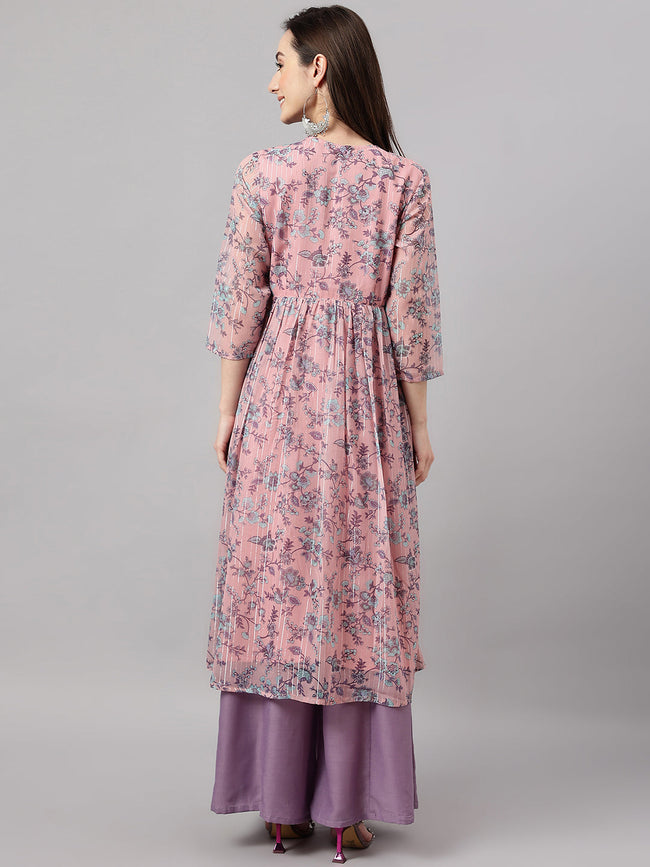 Women's Pink Chiffon Lurex Floral Printed Flared Kurta