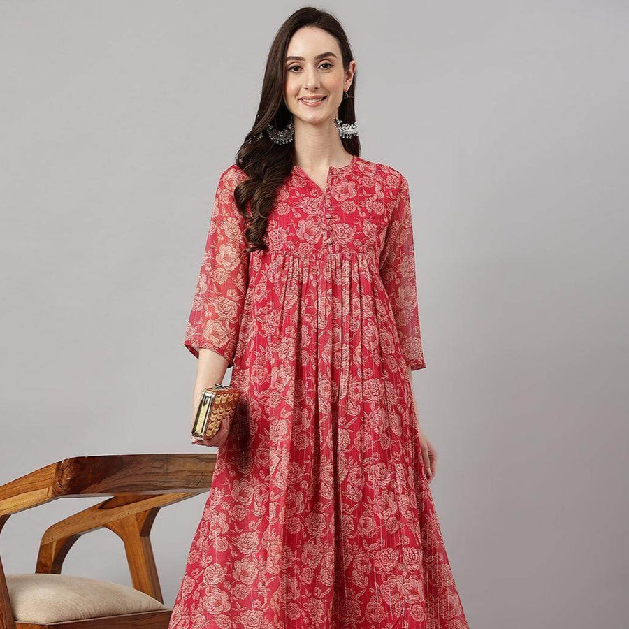 Women's Dark Pink Chiffon Lurex Floral Printed Flared Kurta